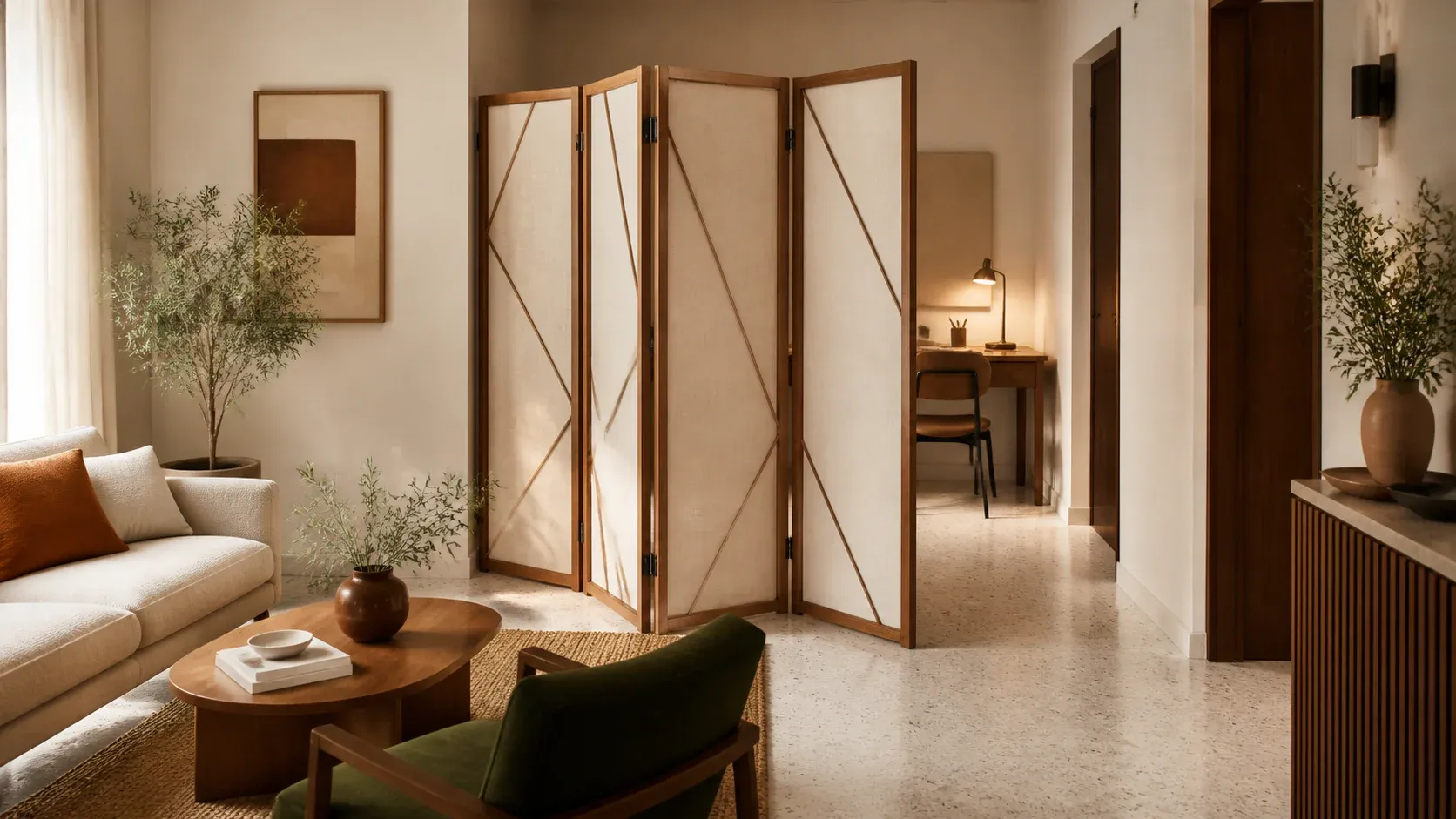 Salón compacto con un biombo conceptual que separa un rincón de trabajo.