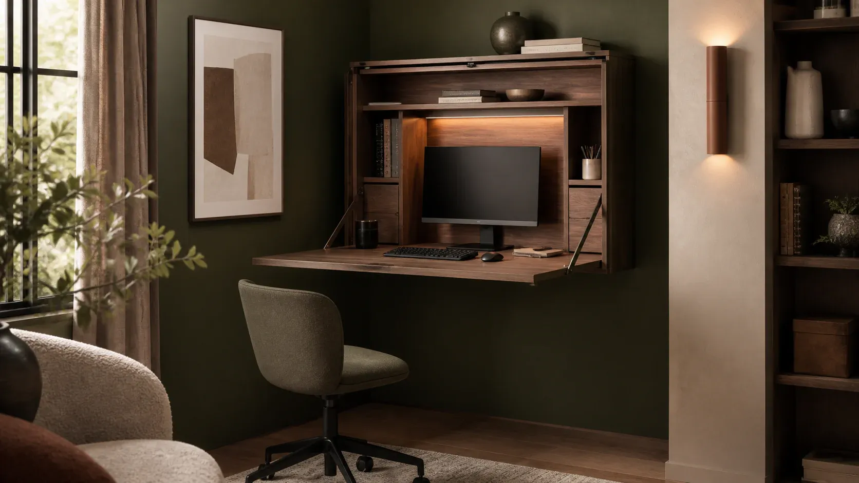 Escritorio plegable conceptual abierto con monitor integrado.