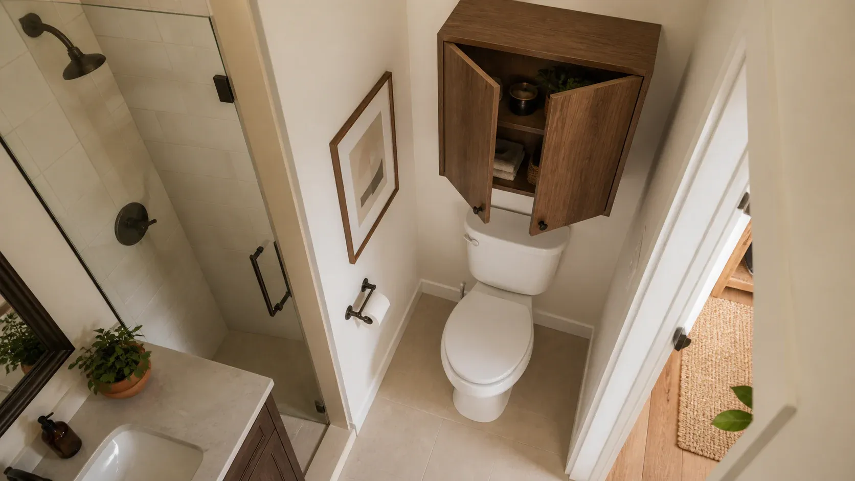 Vista elevada conceptual de un baño compacto con armario sobre el inodoro y puertas abiertas.