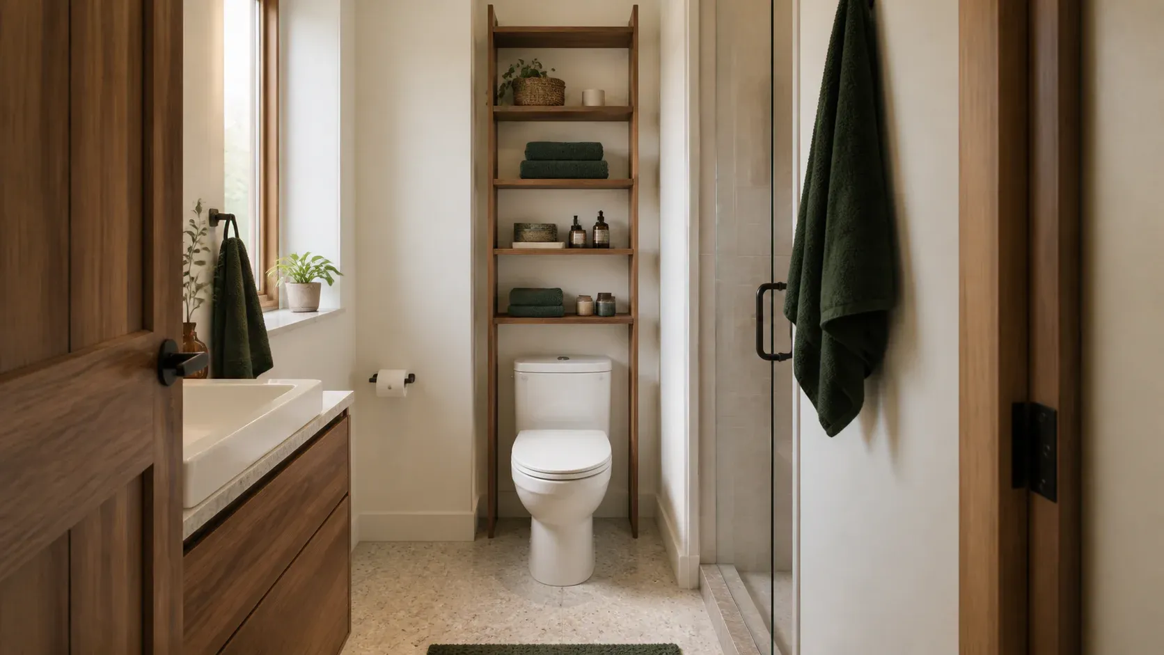 Baño compacto con una estantería conceptual sobre el inodoro y paso despejado.